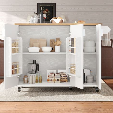 Îlot central de cuisine avec finition bois, table roulante extensible pour salle à manger, 130x45(75)x92 cm, desserte sur roulettes avec porte-serviettes et range-épices, compartiments modulables, 3 p (1/5)
