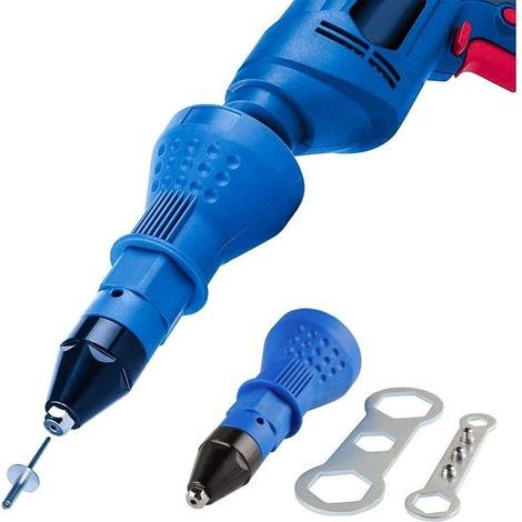 Pistolet à riveter sans fil Kit d'outils de perceuse à rivet électrique Adaptateur de rivet Insert Écrou Accessoires pour outils électriques à main (Bleu) (1/4)