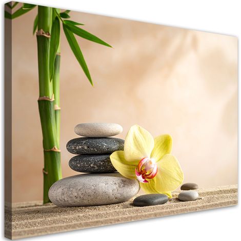 Toile Imprimée, Fleurs jaunes pierres bambou spa zen,30x20 (1/4)