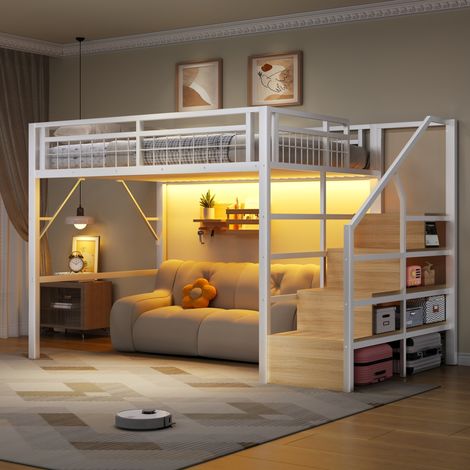 Lit mezzanine 140 x 200 cm avec LED, échelle de rangement, cadre métal et MDF, blanc (1/5)