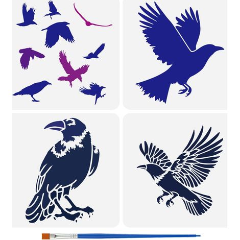 4Pcs Pochoir de Corbeau Volant pour Peinture Modèle D'Oiseaux Noirs 30X30cm Avec Pinceau Pochoir de Peinture Réutilisable Corbeau Volant Modèle Thème Animal Creux pour Peinture sur Bois (1/5)