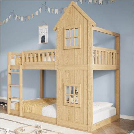 Lit superposé - CIPACHO - Lit maison enfant - 90x200 cm - Escalier 3 marches - Pin et MDF naturel (1/5)