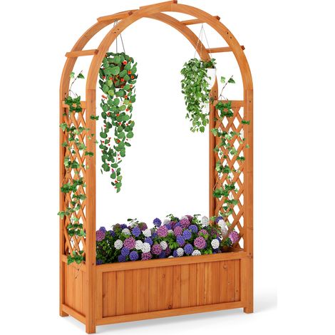 COSTWAY Raised Garden Bed Wood Planter Box with Arch Trellis-Brown (1/5)