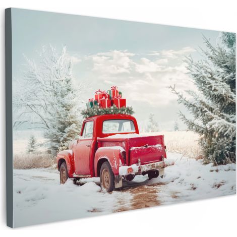 TABLEAU SUR TOILE Voiture - Rouge - Cadeaux - Hiver - Neige - Noël Toile Peinture Grand Format XXL 150x100 cm