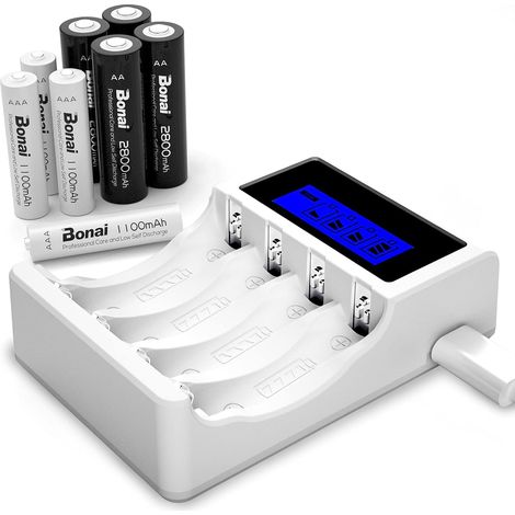 4 Slots Chargeur Piles Rechargeable avec 4 AA et 4 AAA NiMH ecran LCD, 4 slots indépendants, AA 2800mAh, AAA 1100mAh, 1.2V, faible autodécharge (1/5)