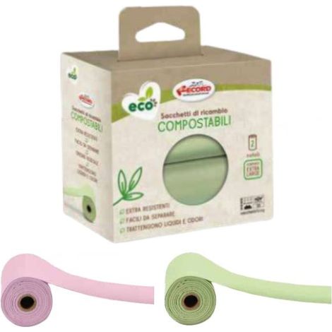 Rosa - Sacchetti igienici compostabili per cani 2 rotoli da 30 sacchetti cad.