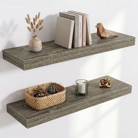 Étagère Murale en Bois, Version Extra résistante, Longueur 60 cm, Tablette Murale pour Salon, Salle de Bain, Chambre, Cuisine, chêne Gris, Lot de 2 (1/5)