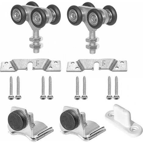Kit de roulement pour porte coulissante jusqu'à 60 kg – 2 montures à galets double U-30 nylon – 2 butées à visser – 1 guide sol en plastique – Ebro