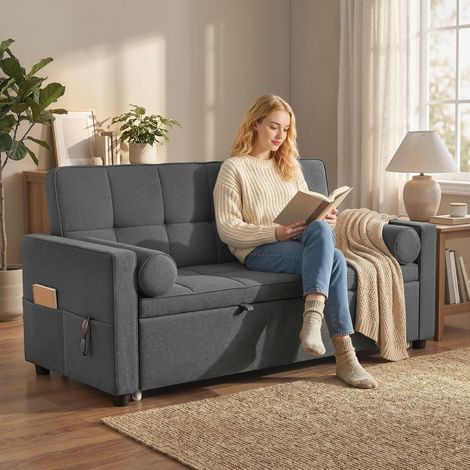 Canapé convertible 2 places 3 en 1 canapé-lit avec lit gigogne double dossier réglable 2 coussins 80,5x137,5x84cm gris