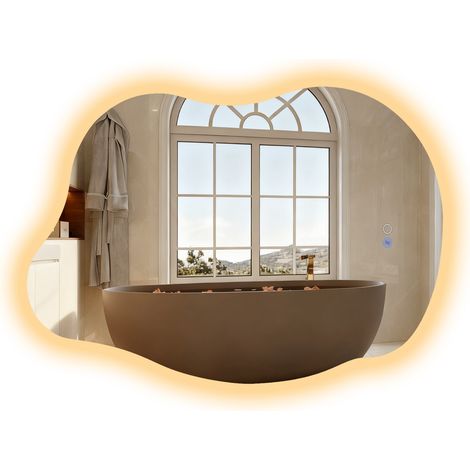Puluomis Miroir de salle de bain asymétrique, LED, 85 x 55 cm, miroir de courtoisie mural, éclairage réglable en trois couleurs, contrôle de la luminosité, fonction anti-buée, commande tactile, concep (1/5)