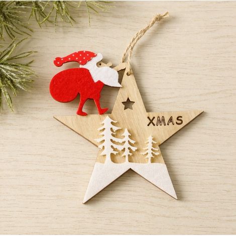 Ornement étoile bois Père‑Noël cheminée 13,5×14,5 cm, décoration sapin gravé XMAS (1/3)