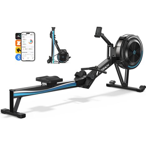 Rameur à air 10 niveaux de résistance – Compatible avec applications MERACH, Kinomap, Zwift – Rail extra-long pour mouvements fluides