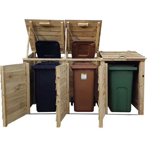 Wooden wheelie bin storage, for triple 240l waste bins (natural light-green finish) (1/4)