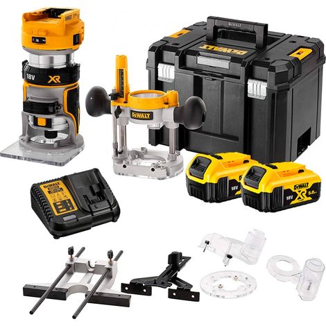 DeWalt DCW604P2 18V Router Trimmer Set with 2 x 5Ah Batteries, Charger And Case