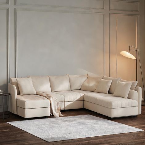 Canapé d'angle modulable 5 places en tissu beige en leinenoptik (1/5)