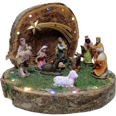 Grotta su tronco di natale con pastori luci natività sacra famiglia presepe casa addobbi Capanna decorazioni albero idea regalo - decoro: Capanna con solo luci e stella (1/5)