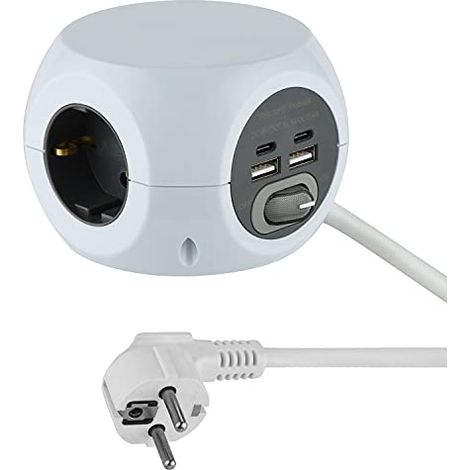Electraline 62078 Ciabatta mini cube a 3 vie con 4 17 W (2 di tipo C compatibili con la più recente tecnologia+2 USB A 3.4A Q.C) con interruttore, cavo da 1,5 m (1/4)