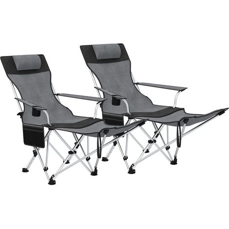 Set 2 Sedie da Campeggio 82x50-100x88 cm Pieghevoli con Poggiapiedi e Portabicchieri in Tessuto Oxford Grigio (1/5)