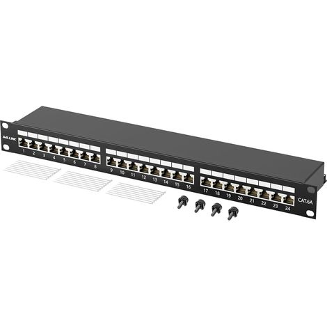 CAT6a 24-Port Shielded RJ45 Female LSA Patch Panel - 19" Rack Mount - Black Montage en rack de 19", panneau de brassage de bureau, noir (1/5)