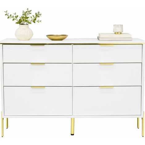 Buffet blanc et doré à 6 tiroirs, façade brillante, grand rangement pour salon, salle à manger et entrée, style moderne élégant - CHICFURN (1/5)