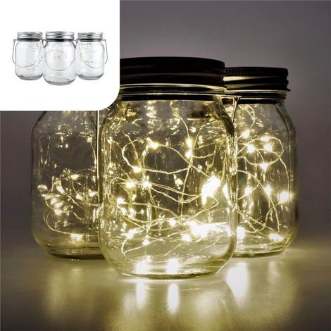 Bocal Solaire Lumiere Fee Lampes Solaires à Suspension ou à Poser Set 3 Pcs 20 LED’s Blanc Chaud Verre Lanterne Lampe Jardin Exterieur (1/5)
