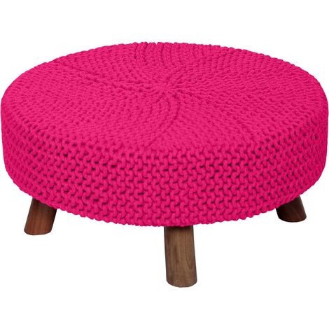 HOMESCAPES Hot Pink Large Round Cotton Knitted Footstool on Legs