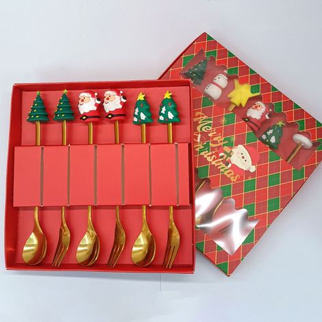 Coffret cadeau cuillère et fourchette en acier inoxydable avec motifs de Noël (ensemble de 6 pièces dans une boîte rouge de Noël) (1/4)