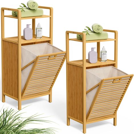 CASARIA® Badregal mit Wäschekorb 36 L Bambus Holz 95x40x30cm Badezimmerregal 2 Ablagen Wäschesammler Wäschebox Regal 2x