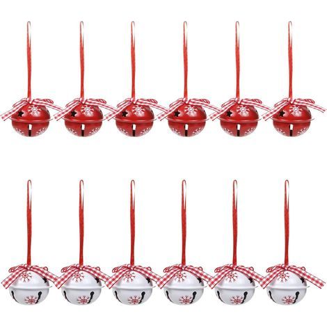 Juego de campanas y cascabeles navideños, decoración para árbol de Navidad, adornos y colgantes de cascabeles rojos y blancos, 12 piezas. (1/3)