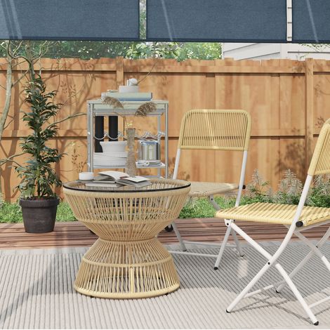 Tavolino da giardino in PE rattan effetto legno naturale, rotondo, con piano in vetro temperato (1/5)