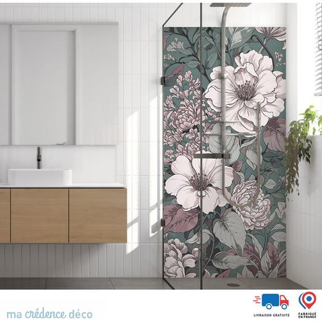 Panneau de douche : Dessin et fleurs - Couleur Bleu turquoise - Alu composite - 90 - 245 (1/3)