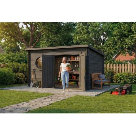 Alpholz Gartenhaus Maria Rondo B Gartenhaus aus Holz in Grau, Holzhaus mit 34 mm Wandstärke, Blockbohlenhaus mit Montagematerial (1/5)