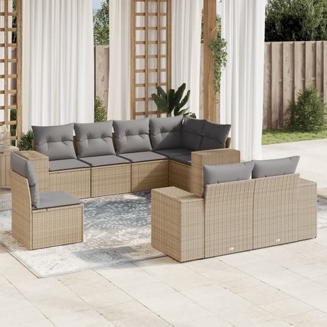Ensemble Salon Jardin 8 Places Résine Tressée Beige avec Coussins Gris - Canapé d'Angle, Siège Central et Accoudoirs - Mobilier Extérieur Modulaire (1/5)
