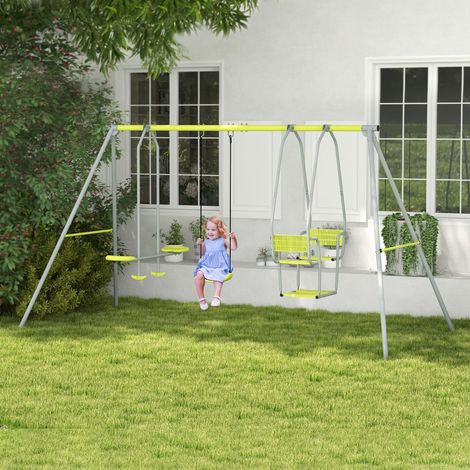 Columpio infantil 3 en 1 con 2 columpios enfrentados y 1 asiento, carga máxima 225 kg, verde.