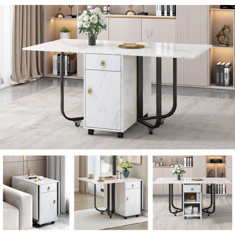 Folding dining table (1 piece) with cupboard and 2 drawers, folding kitchen utility table, space-saving dining table with 4 supporting legs on gliders (white/black)