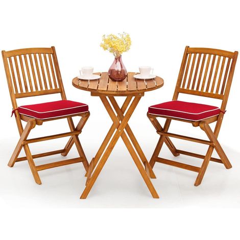 3tlg. Gartenmöbel Set Akazienholz klappbar Rundtisch 2 Stühle Kissen Rot (1/5)