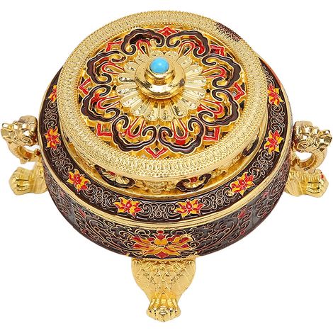 Brûle-encens à couvercle rouge, finition antique polie, artisanal, idéal décoration et méditation, coffret avec couvercle, style rétro. (1/5)