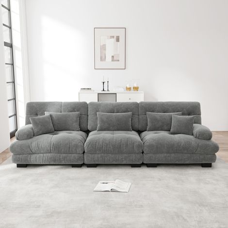 Neche – Canapé droit modulable 3 places en tissu chenille – Assise profonde avec 3 coussins lombaires et 2 coussins décoratifs – Cadre en bois massif – Gris