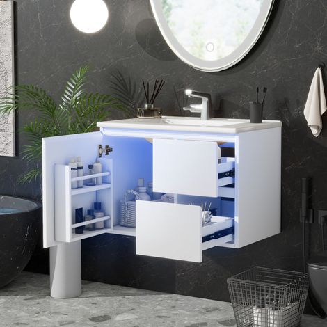 Mueble de baño suspendido con lavabo integrado, 76 x 46 x 50 cm, LED, blanco DESVIAE (1/5)