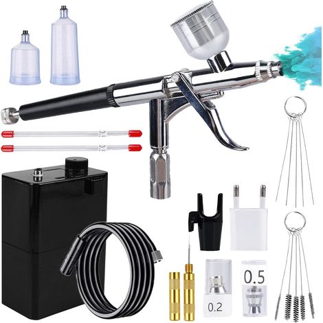 Kit aérographe portable avec compresseur, 40 PSI - Pistolet à double action + accessoires de nettoyage pour le maquillage, le nail art, la décoration de gâteaux, le modélisme et la modélisation de (1/5)