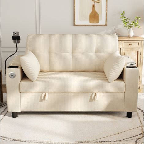 Canapé 2 places avec rangement caché, accoudoirs à compartiments, ports USB et Type-C, porte-téléphone, porte-gobelets et 2 coussins, velours côtelé beige – CHICFURN (1/5)