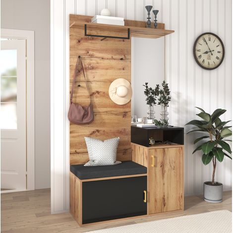 MEUBLIV meuble d'entrée 105x40x191,5 cm noir et bois – miroir, rangement, banc (1/5)