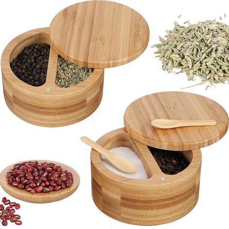 Caja de especias con 2 compartimentos, contenedor de especias, azucarero, salero, pimentero, caja de especias de madera (1/5)