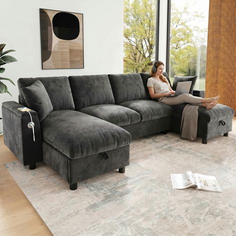 Canapé d’angle 4 places modulable en U, 284L x 135P x 84H cm tissu chenille, méridiennes avec rangement intégré, ports USB et Type‑C, gris (1/5)