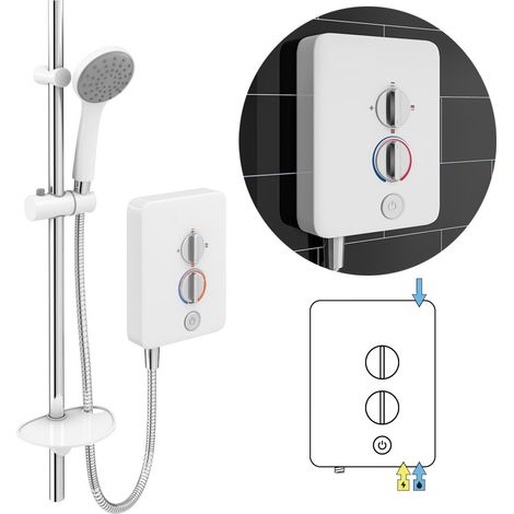 Base Intro 8.5kw Electric Shower with Push Button Start White Riser + Head RP MX