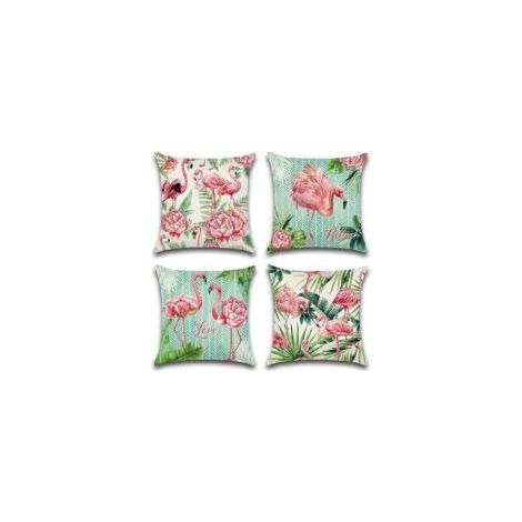 Cet ensemble de quatre housses de coussin d'extérieur, orné de flamants roses et de motifs floraux roses, convient aux terrasses, jardins, salons et chambres. Dimensions : 45 x 45 cm. (1/4)