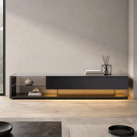 Mobile TV 170x36x38 cm in pannelli di legno nero, con ripiani, stile moderno FloraGrace (1/5)