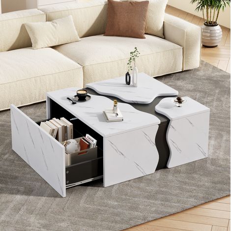 Couchtisch aus Spanplatte Weiß in Marmoroptik 70 x 70 cm mit Schublade (1/5)