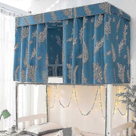Bedruckter Bettvorhang für Studentenwohnheime mit Kordel und Verschluss, Sonnenschutzstoff für Einzelbetten an Universitäten für 4/4,5 Zoll (1,35 m, diffuses blaues Blattmuster)