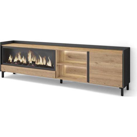 Mueble TV Parauta-01 de 212x61x35 cm con chimenea y luces LED, diseño industrial, color roble y negro (1/4)